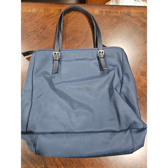 T by Talbots Navy Blue Shoulder Tote Bag Double Pocket Nylon Travel Work Bag - Picture 3 of 7